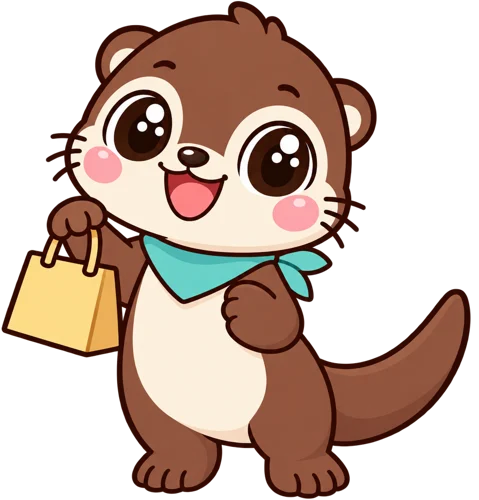Ollie the otter with a shopping bag